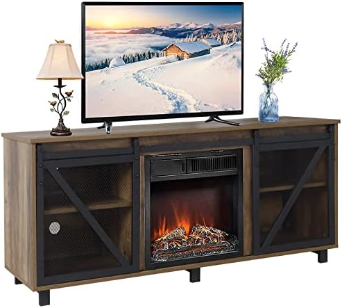 YGBH TV Stand with Fireplace,Farmhouse Electric Fireplace for TVs up to 65 Inches,Wooden Entertainment Center Barn Doors, Adjustable Shelves,Console Living Room Brown 58inch (L) x 16inch W 23.8inch H