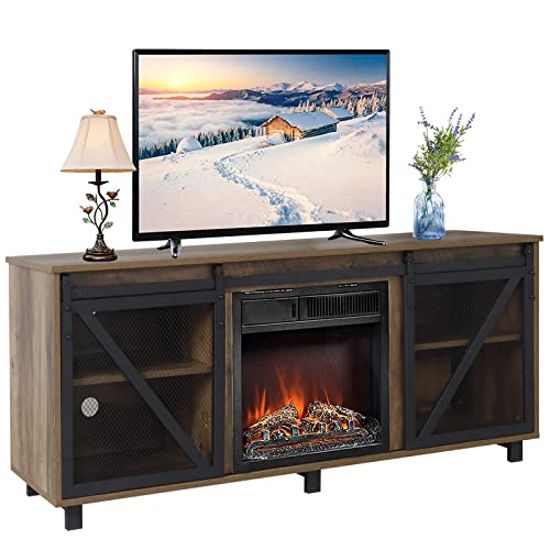 Ygbh Tv Stand With Fireplace,Farmhouse Electric Fireplace For Tvs Up To 65 Inches,Wooden Entertainment Center Barn Doors, Adjustable Shelves,Console Living Room Brown 58Inch (L) X 16Inch W 23.8Inch H #TOP3