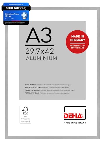 DEHA Design Bilderrahmen, 29,7 x 42 cm (A3), Aluminium, Silber matt, Posterrahmen zum Aufhängen im Hoch- & Querformat, bruchsicheres Kunstglas, Tribeca
