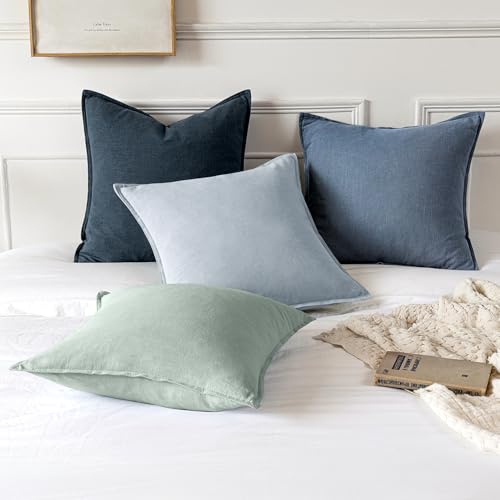 Image of MIULEE Decorative Linen Euro Sham Pillow Covers 24x24 Inch Blue Ashes Boho Farmhouse Neutral Couch Throw Pillows for Bed Pack of 2 Accent Modern Pillowcase Sofa Livingroom Home Decor