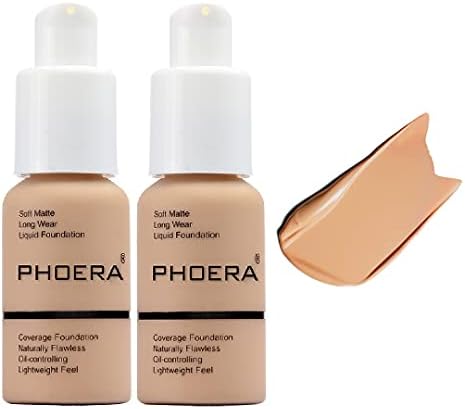 2 Pack PHOERA Foundation,Flawless Soft Matte Liquid Foundation,Durable Waterproof Oil Control Concealer Foundation Makeup.(104 Buff Beige)