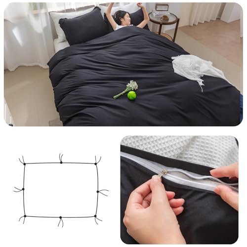 Image of SheRest Black Duvet Cover Full Size - Soft Brushed Microfiber, 3 Pieces, 1 Duvet Cover 80x90 Inches with Zipper Closure 8 Ties & 2 Pillow Shams, Breathable Bedding Set for All Season (No Comforter)