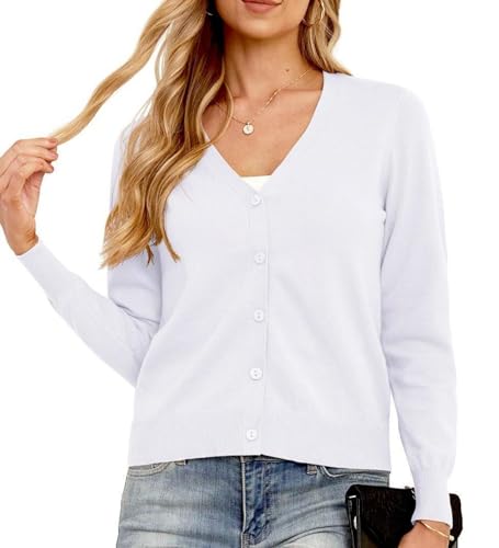 GRECERELLE Cárdigan de punto ligero con cuello en V para mujer, casual, suave, manga larga, botones, para vestido de verano, noche, boda, 02 Blanco, L