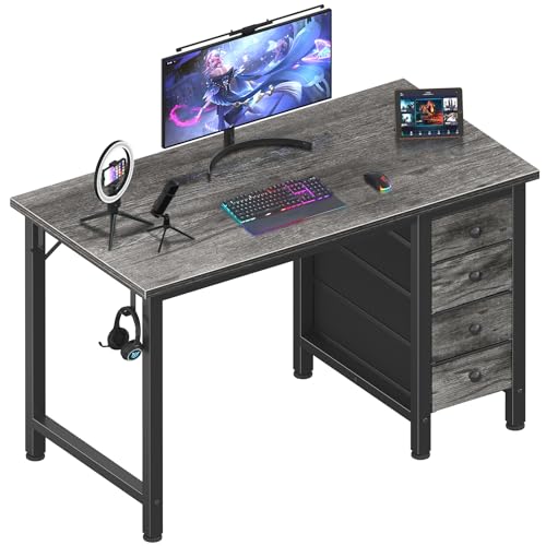 Lufeiya Small Gaming Desk with 4 Fabric Drawers, 40 Inch Kids Girls Teen Cute Study Desk for Bedroom, Work Computer Writing Table Desks for Small Space Home Office, Gray