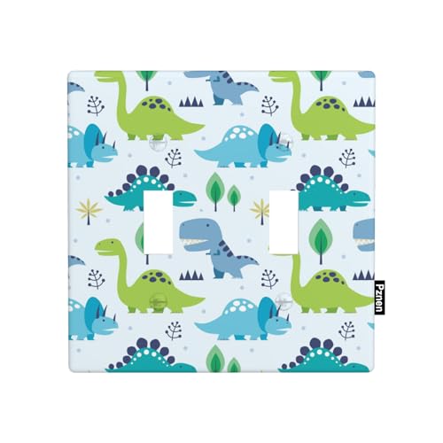 Pznen Blue Green Dinosaurs Double Toggle Light Switch Cover Cute Dino Animals Cartoon Nursery Wall Plate Covers 2-Gang Toggle Switch Plates Home Decorative Office