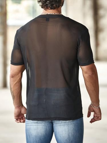 OYOANGLE Men's Sheer Mesh Short Sleeve Round Neck T Shirts Solid Plain See Through Party Tops2