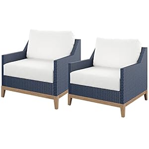 Tk classics set of 2 outdoor club chairs navy wickerwhite cushion  urban country home decor