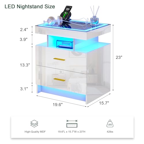 Image of HNEBC Auto LED Nightstand Set of 2, White Night Stand with Charging Station & USB Ports, High Gloss Bedside Table has 2 Drawers,Modern End Side Table for Bedroom (White)