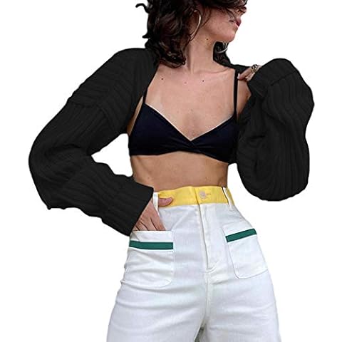 Betrodi Women Sexy Knit Arm Warmers Long Sleeve Open Front Crop Cardigan Top Shrug Ribbed Knit Cropped Sweater Bolero Outwear (A Black, One Size) Cover