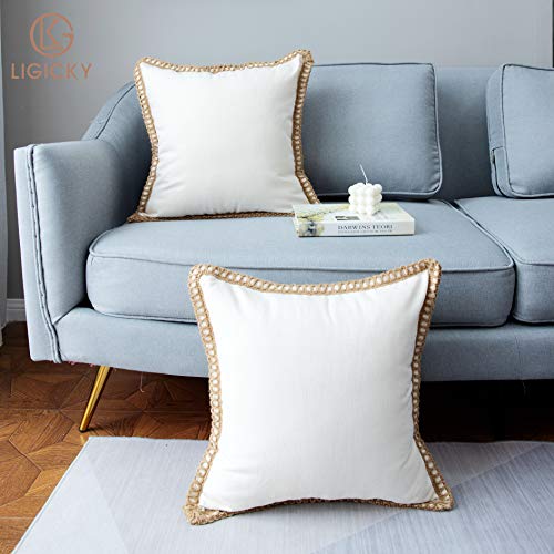 Ligicky Pack Of 2 Farmhouse Decorative Throw Pillow Covers Burlap Linen Trimmed Tailored Edges Square Pillowcases For Couch Sofa Bed Living Room, Off White 18X18 Inch #TOP2