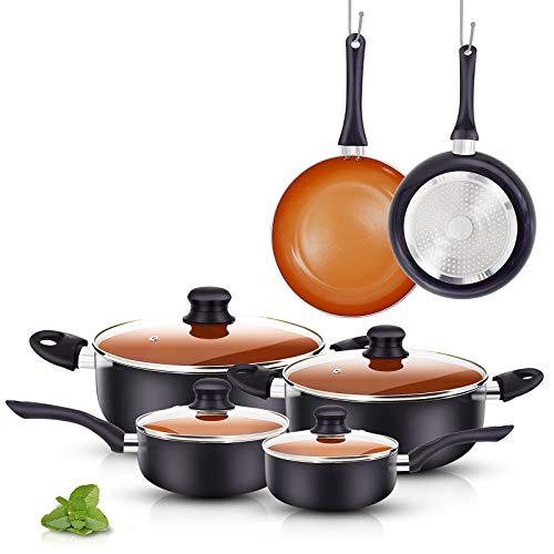 FRUITEAM 10pcs Cookware Set Ceramic Nonstick Soup Pot Milk Pot and Frying Pans Set Copper Aluminum Pan with Lid Induction Gas Compatible 1 Year Warranty Mothers Day Gifts for Wife…
