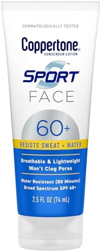 Coppertone Sport Face Sunscreen Lotion SPF 60+, Water Resistant Sunscreen with Broad Spectrum SPF 60+, Lightweight and Breathable, 2.5 Fl Oz Tube