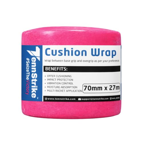 Image of 27 Metre x 70 mm Cushion Wrap for Badminton, Tennis & Pickleball Rackets | Shock & Vibration Control | Moisture Absorbing Cushion | Pro Player Use | Yellow Color (Red-Pink)