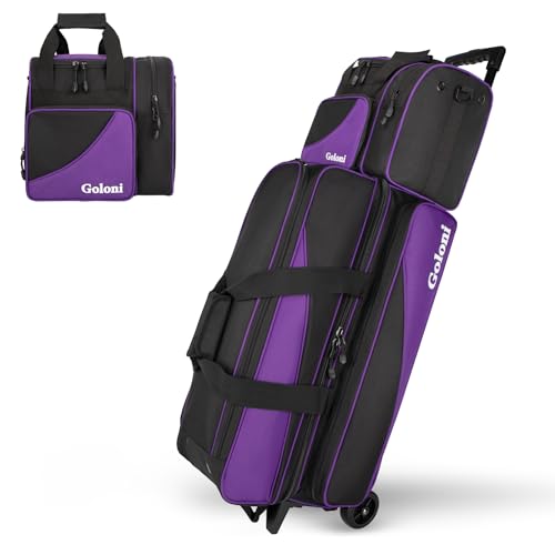 Goloni 4 Ball Bowling Bag with Wheels Set 3 Purple Rolling Bowling Roller Bag with 41 Retractable Handle + Single Ball Tote Bag for Balls & Accessories