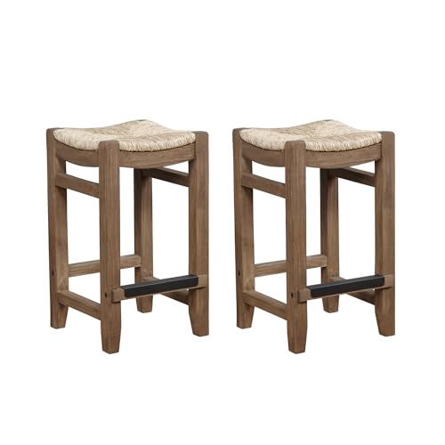 Alaterre Furniture Newport Bar Stool Set of 2 – 26 Inch Counter Height Barstools with Handwoven Seagrass Rush Seats – Rustic Industrial Backless Bar Chairs (Natural) by Alaterre Furniture - Used condition - US$75.12