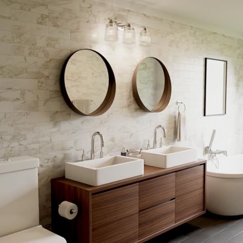 Image of Globe Electric 4-Piece All-in-One Bathroom Set, Chrome Finish, 3-Light Vanity Light with Clear Ribbed Glass Shades, Towel Bar, Toilet Paper Holder, Towel Ring
