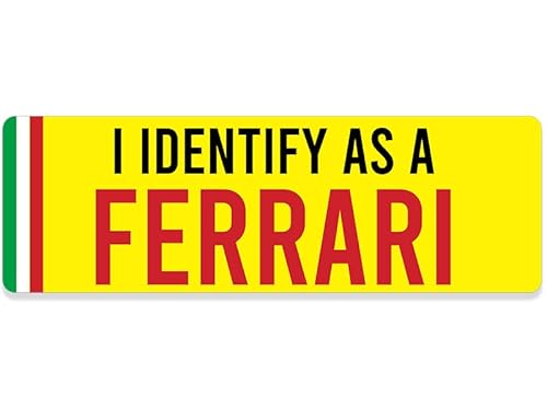 Yellow: I Identify as a Ferrari Bumper Sticker (Funny Automotive auto Vinyl Decal for Cars (3 x 9 inch)