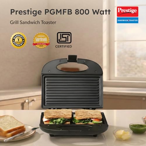 Prestige PGMFB 800 Watt Grill Sandwich Toaster with Fixed Grill Plates, Black view 2