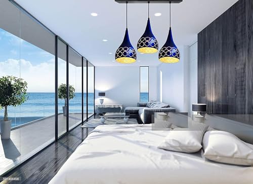 Image of GreyWings 3 Light Hanging Light for Home | Blue Aluminium Pendant Light with E27 Holder | Designer Ceiling Hanging Lamp for Bulb Not Included, Linear Set