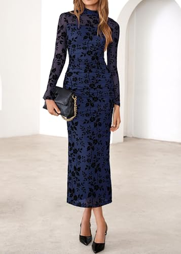 Lazysmile Women's Long Sleeve Floral Bodycon Maxi Dress 2026 Elegant Ruched Mesh Formal Cocktail Party Wedding Guest Dresses Navy — view 6