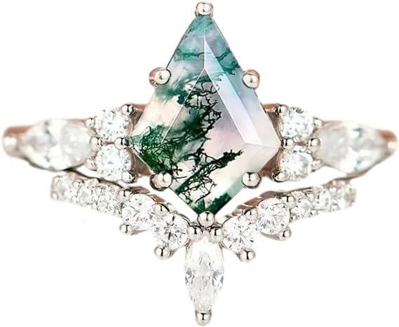 Moss Agate Gemstone Women's Irregular Zirconia and Diamonds 2-Piece Ring Set 925 Sterling Silver Ring for Women Kite Cut Women's Ring Set for Engagement Silver Jewelry（8Silver）