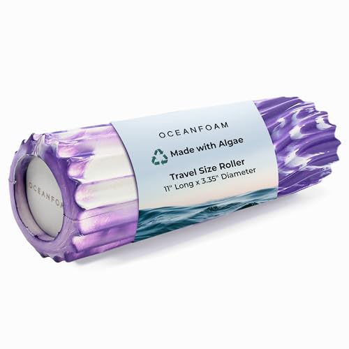 Oceanfoam Ripple Travel Foam Roller (11" x 3.35") Firm Mini Foam Roller for Physical Therapy, Deep Tissue Massage, Back Pain - High Density, Ergonomic Wave Textured - Yoga, Exercise (Purple Marbled)