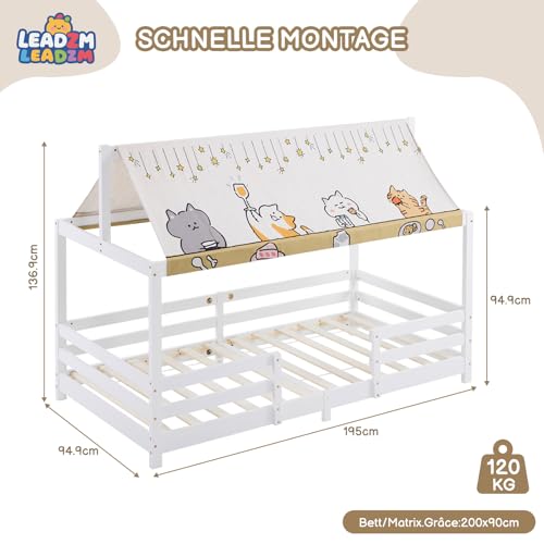 Lit cabane enfant 90x190 pin FSC anti-chute LEADZM