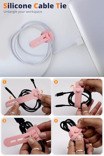 Image of LivingBasics 10 Pcs Silicone Reusable Cable Ties /Wire Ties /Adjustable Cable Organizer /Elastic Cord Organizer /Reusable Silicone Cord Straps for Earphones, PC, Wires, Chargers, Desk (Pink)