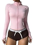 Miaeowve Damen Laufjacke Leichte Sportjacke Daumenloch Slim Fit Trainingsjacke Yoga Reißverschluss Top Für Laufen Gym Workout Rosa B XL