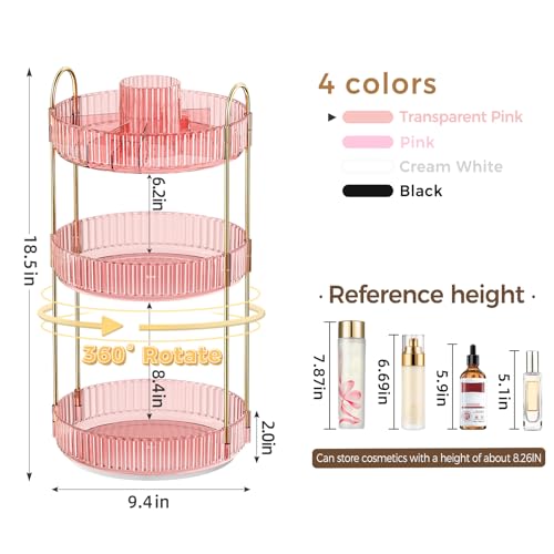 Image of 360 Rotating Makeup Organizer, Upgraded 3 Tier Skincare Perfume Organizers for Women, Bathroom Organizer Countertop, Clear Cosmetic Dresser Organizer with Makeup Brush Holder Counter(Clear Pink)