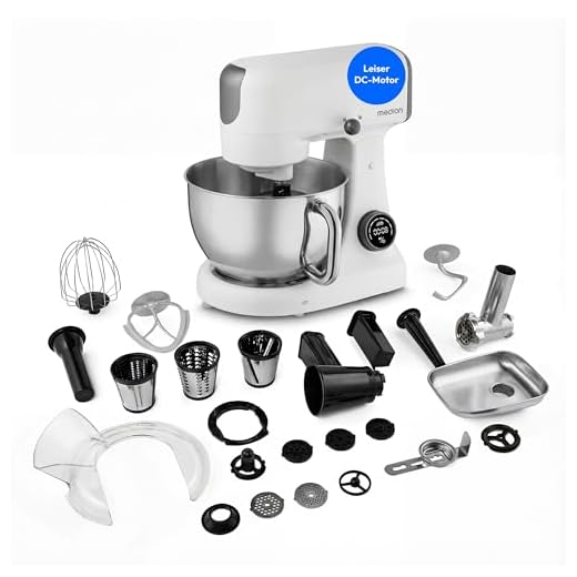 MEDION Küchenmaschine mit Fleischwolf (800 Watt, Gleichstrommotor, 4,6 Liter Edelstahlschüssel, Energiesparend, Ultraleise, Digitales Sensor-Touch-Display, MD12600) weiß