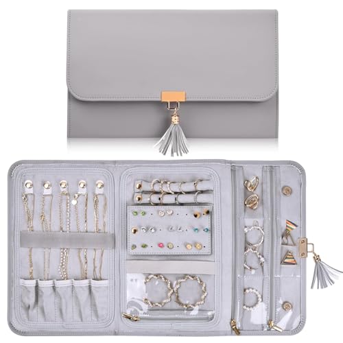Travel Jewellery Organiser, 28x17.6cm, Waterproof Leather Jewelry Bag Roll 15 Compartments, 2 Ring Buckles Band, 1 Earring Panel, 5 Necklace Buckled Straps, 6 Clear Small Pockets and 1 Zipper Pocket
