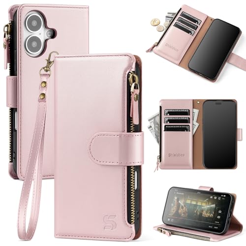 Shieldtop Compatible with iPhone 17 Wallet Case with Card Holder,Women Men RFID Blocking PU Leather Flip Cover Wrist Strap Zipper Credit Card Slots,Phone Case for Apple 17 6.3