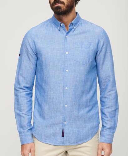 Superdry Studios Linen BD L/S Chemise pour Homme, Bonnet Bleu, S