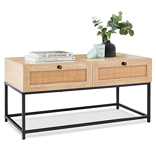 Best Choice Products 39in Rattan Coffee Table, 2-Drawer Modern Boho Home Furniture for Living Room, Bonus Room w/Wicker Storage Compartments, Oak Wood Grain Finish, Metal Frame & Knobs - Light Walnut