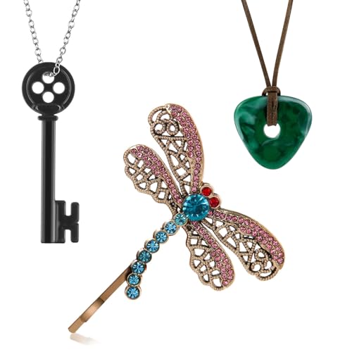 3PCS Caroline Accessories Jewelry Set - Stone Pendant/Key Necklace/Dragonfly HairClip, Caroline Jewelry for Christmas Halloween Cosplay Costume Movie Props, Gifts for Women Men Fans