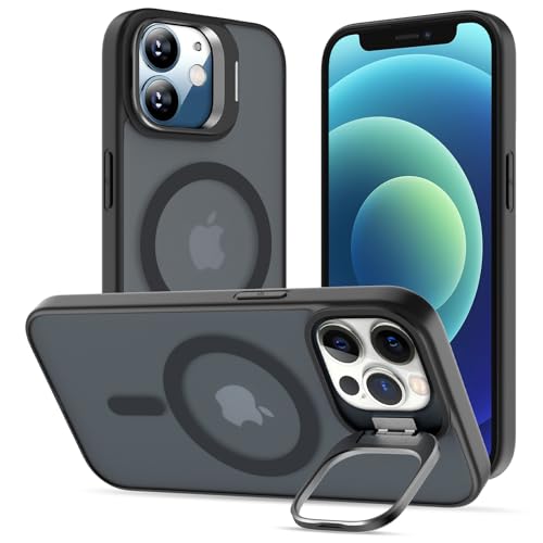 DEVASO Magnetisch Hülle für iPhone 12/12 Pro mit Ständer, Kompatibel mit MagSafe, Matt Samtweiche Haptik Handyhülle Durchscheinende Rückseite Dünn Stoßfest Schutzhülle Anti-Fingerabdruck Case,Schwarz