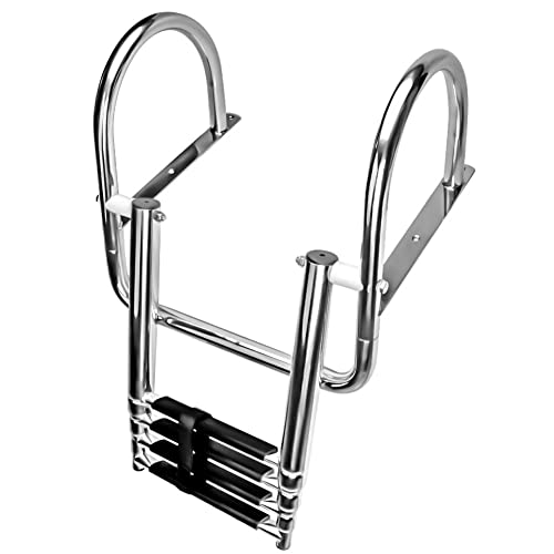 Futurup 4 Steps Pontoon Boat Ladder, Stainless Steel Folding Telescoping Rear Entry Inboard Ladder Heavy Duty Custom Swim Deck Ladder With Pedal Hand Railing Ladder #TOP4