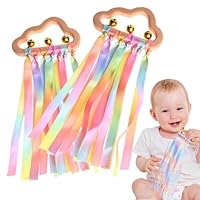 Baby Toys 0-6 Months, 2pcs Newborn Sensory Toys Set,Wooden Rainbow Ribbon Rattle Toys Multi-Coloured Feathers and Crinkle Toys for Baby Gift Set,Party Babies Newborn Toddler Presents