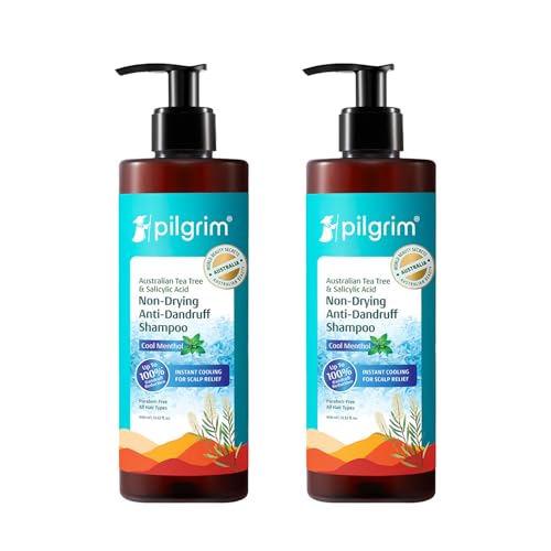 Image of Pilgrim Australian Tea Tree & Salicylic Acid Anti-Dandruff Shampoo with Cool Menthol | Up to 100% Dandruff Reduction*| Soothes Itchy Scalp | Non-Drying Formula | All Hair Types | For Men & Women (400ml - Pack of 2)