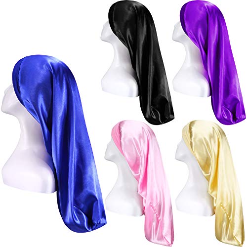 5 Pieces Long Satin Sleep Cap Long Hair Bonnet Loose Sleeping Cap with Soft Elastic Band for Women Dreadlocks Curly Hair (BeigBlack, Blue, Pink, Purple)