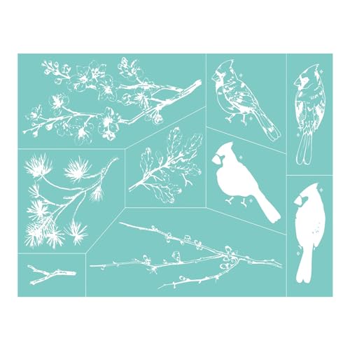Briartw Two Cardinals & Seasonal Branches Silkscreen Stencil Reusable Self-Adhesive Mesh Stencils Silk Screen Stencil Printing for Polymer Clay Home Decoration Printing on Wood Fabric Wall Cup Plate