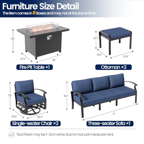 Image of Aluminum Patio Furniture Set with Fire Pit Table, 7 Seats Outdoor Patio Conversation Sets with Swivel Chairs, Modern Metal Sectional Sofa with Upgrade Cushions for Patio, Backyard, Deck - Blue