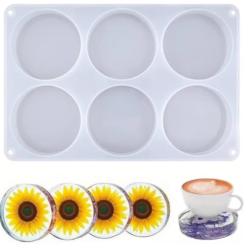 6-Cavity Deep Round Coaster Silicone Molds for Epoxy Resin, 4 Inches Coaster Resin Mold for Flower Bouquet Preservation