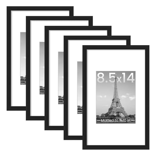 Image of upsimples 8.5x14 Picture Frame Set of 5, Display Pictures 7x10 with Mat or 8.5x14 Without, Wall Gallery Photo Frames, Black