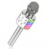 ShinePick Microphone Karaoke sans Fil, Karaoké Microphone Bluetooth Portable pour Enfants/Adultes Chanter, Compatible avec Android/iOS/PC/Smartphone (Argent)