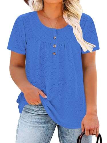 Image of VISLILY Womens-Plus-Size-Summer-Tops Buttons Up Henley Shirts Flowy Pleated Tunics Trendy Eyelet Short Sleeve Blouses