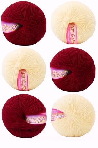 Image of Vardhman BabySoft Knitting Yarn | 100% Acrylic Wool | 4 Ply | Thin Knitting & Crocheting Hook Thread & Lightweight | Special Baby Wool | 150 Grams (6 Balls of 25g) | Machine Washable | Ideal for Blankets, Hats, Booties Ultra-Soft for Baby Sweaters, Blankets, Caps, Socks, Soft toys, Art & craft (Maroon No.20 & Cream No.42)