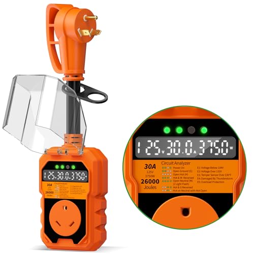 POWGRN 26000J RV Surge Protector 30 Amp, Auto Voltage & Temperature Shutoff, LED Display Real-Time Circuit Analyzer, RV Adapter Plug for Camper Travel Trailers