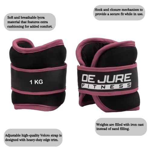Image of DE JURE FITNESS Adjustable Ankle Weights Set for Cardio & Strength Training | 1KG x 2 (2KG Total) | Durable Polyester & Cast Iron | Leg & Wrist Weights for Men & Women | Home Gym Workout - Pink